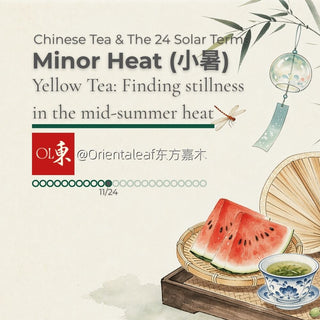 Chinese ink style illustration for Minor Heat solar term featuring yellow tea, watermelon slices, a bamboo fan, and a wind chime.
