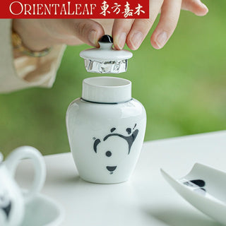 White Porcelain Tea Canister - Hand-painted Panda Theme