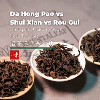 Overhead view of three Wuyi rock tea dry leaves: Dahongpao, Rou Gui, and Shui Xian from left to right. The leaves are presented in white saucers on a dark walnut wood tabletop.