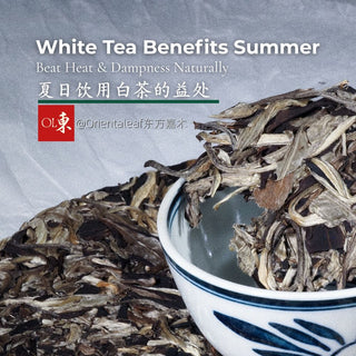 Loose dried white tea leaves in a ceramic bowl and on a tea cake, with text overlay reading "White Tea Benefits Summer: Beat Heat & Dampness Naturally".