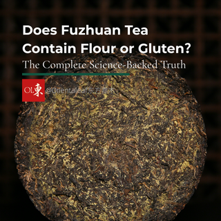 Infographic and close-up of Fuzhuan brick tea with golden flowers addressing whether Fuzhuan tea contains flour or gluten.