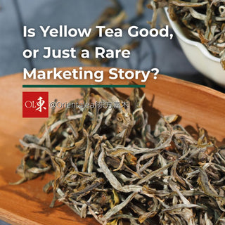 Loose yellow tea leaves on a wooden tray with text overlay reading Is Yellow Tea Good, or Just a Rare Marketing Story