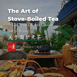 Traditional Chinese Stove-Boiled Tea (Wei Lu Zhu Cha) with teapot and snacks on a wooden table.