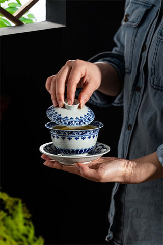 A person is holding a blue and white porcelain covered bowl.