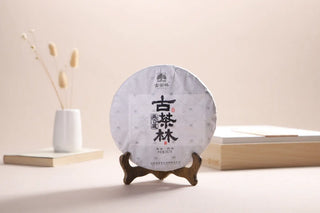 Front view of 2018 Ancient Tree Shoumei White Tea cake from Xiangzhuqing.