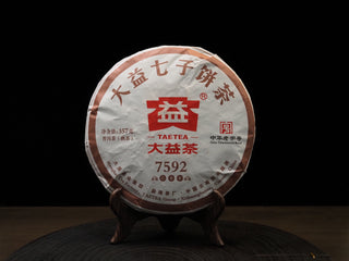 Front wrapper of 2019 Dayi '7592' Ripe Puerh Tea Cake Batch 1901, showing the classic red and white Menghai Tea Factory paper packaging.