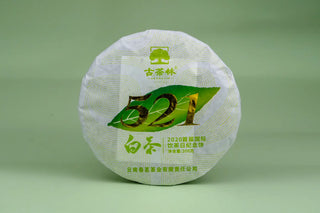 Front view of 2020 International Tea Day Commemorative Shou Mei White Tea Cake with heritage packaging.