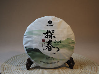 2026 Tan Chun Lincang Ancient Tree First Flush Raw Puerh tea cake wrapped in traditional paper wrapper.