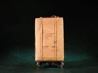 Back view of Jingyang Golden Flower Fu Brick Tea, showing traditional cowhide paper packaging, hand-tied hemp rope, and authentic dark tea brick design.