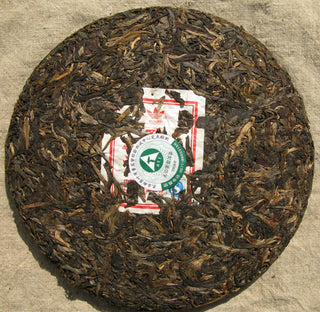 Aged 20 years raw Pu-erh tea cake from Mangbo, showing compressed dry tea leaves.
