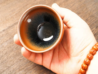 Handheld top-down view of a Shu Kou hare's-fur Jianzhan bowl in palm, showing the dark brown-to-black streaks radiating from a deep black center across the interior, with a warm amber rim.