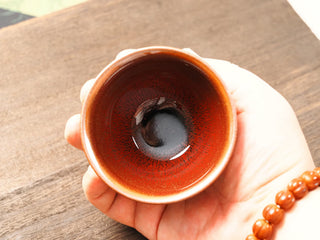 Handheld top-down view of a Shu Kou red hare's-fur Jianzhan bowl in palm, showing the dark hare's-fur streaks radiating from a deep black center across the red-orange interior, with an orange-gold rim.