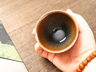 Handheld top-down view of a Shu Kou yellow partridge Jianzhan bowl in palm, showing dense rust-brown speckles over the whole interior surface and a brighter orange rim.