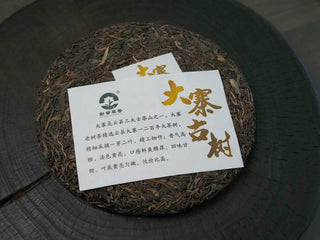 2020 Dazhai Ancient Tree Raw Pu-erh Tea Cake Displayed with Brand Product Information Card
