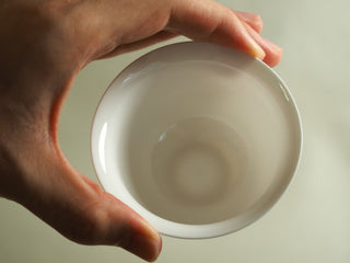 Top view into pure white egg-shell porcelain gaiwan bowl held in hand, showing smooth white glazed interior