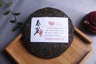 Detailed view of the Puerh cake with the "Chunjian" (Spring Tips) inner trademark label (Neifei).