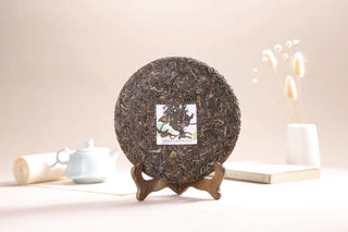 Unwrapped 2020 Lincang raw pu-erh tea cake showing high-quality compressed tea leaves on a wooden stand.