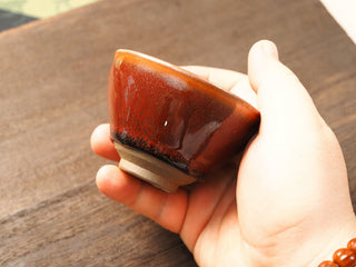 Handheld side view of a Shu Kou red hare's-fur Jianzhan bowl, showing the classic contracted mouth, dense dark streaks on a deep red-orange exterior, and a small unglazed foot.