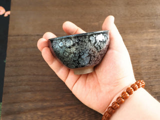 Handheld side view of a Shu Kou sky eye oil spot Jianzhan bowl, showing the full exterior covered in raised silver oil-spot crystals.