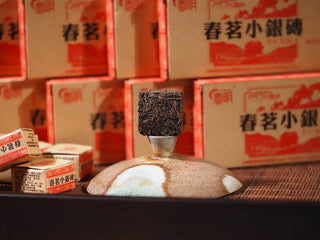 Close-up of a single 4g Yunnan Mini Raw Pu-erh Tea Brick, highlighting the uniform compressed leaves and white buds