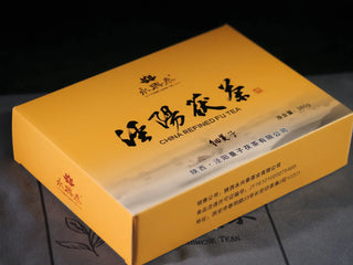 Top view of the YXT Jingyang Fu Tea Ximanzi 2018 Dark Tea Brick premium gift box packaging.