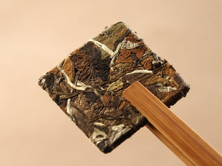 Compressed White Peony tea biscuit held with bamboo tongs, showing Fuding Dabai leaves and silvery buds pressed into a square shape, sun-dried 2018 harvest.