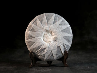 Back view of the inner wrap of Bulang Mountain Ancient Tree Ripe Pu-erh tea cake, highlighting handcrafted fermentation label