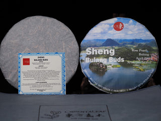 Sheng Bulang Buds raw Puerh tea cake styled with its official product description and brewing guide card.