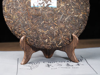 Detailed close-up of the lower half of 2021 Dayi Guanchao raw puerh tea cake showing healthy compressed tea leaves and stout golden buds.
