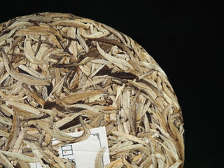Close-up of tea surface showing silvery buds on 2023 Jinggu Silver Needle White Tea Cake 357g