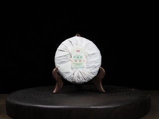 Back view of the wrapped Dayi 7542 puerh tea cake showing the folded paper seal and security label.