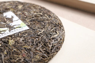 Macro shot of 2020 spring raw pu-erh tea leaves, displaying silvery tips and healthy dried leaf texture.