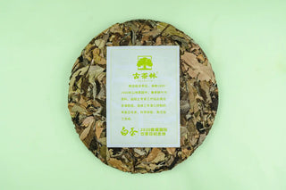 Unwrapped Shou Mei white tea cake showing the dry leaves and official inner trademark label.