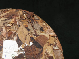 Close-up of front surface of Yunnan High Mountain Wild Ancient Tree Shoumei White Tea Cake (2019), highlighting tea leaves