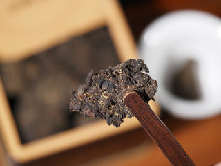 Close-up view of the beneficial Golden Flower (Eurotium cristatum) bloom on the YXT Jingyang Fu Tea First Grade 300g brick, ready for brewing.