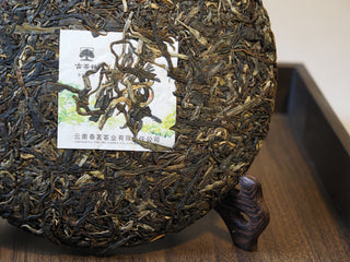 Angle view of the compressed sun-dried raw puerh tea cake showcasing its artisanal stone-pressed shape.