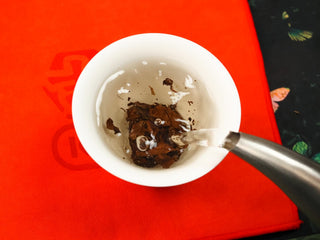 Hot water being poured from a kettle into a gaiwan over 2024 sun-dried Shou Mei and Chen Pi waffle cake section.