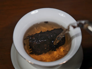 Brewing process of Jingyang Fu Brick Tea using a traditional white porcelain Gaiwan.