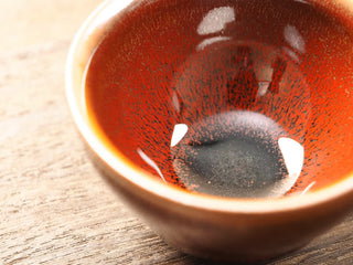 Handheld angled view of a Shu Kou red hare's-fur Jianzhan bowl in palm, showing the dark hare's-fur streaks across the red-orange interior from a slightly different angle, with an orange-gold rim.