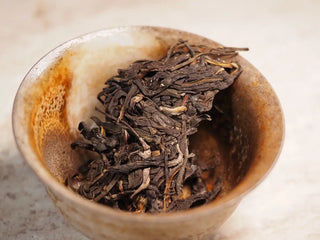 Snow Mountain Rare Wild Ancient Tree Sheng Pu-erh (2016–2023) – 100g Mini Cake, placed in a gaiwan, ready for brewing, showcasing the tea leaves arrangement