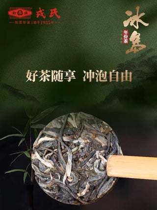 Close-up of a 2020 Bingdao Aged Raw Pu-erh coin cake lifted by a bamboo pick, showing the leaf and stem structure.