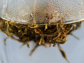 Close-up of expanding yellow tea buds in a glass pitcher during the first infusion.