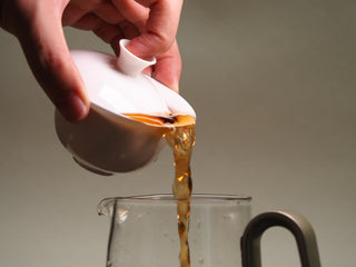 Pouring amber tea liquor from pure white egg-shell porcelain gaiwan into a clear glass serving pitcher