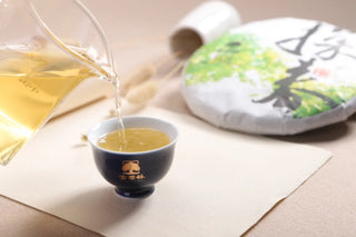 Pouring bright golden-yellow Lincang raw pu-erh tea soup into a cup, showing clarity and vibrancy.