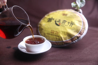 Pouring brewed 2017 Gongting ripe puerh tea into a white teacup, highlighting the smooth and mellow body.