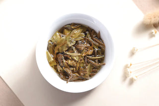 Wet tea leaves (leaf bottom) of 2022 Ancient Tree Shou Mei White Tea after steeping.