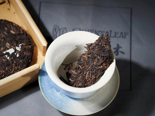 A small piece of Yiwu Raw Pu-erh Cake – 2013 Spring Tea, Hand-Pressed 2023, Sweet & Layered (100g) placed in a gaiwan, ready for brewing, highlighting the rich tea leaf detail