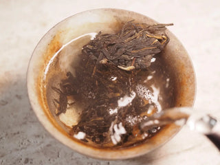 Snow Mountain Rare Wild Ancient Tree Sheng Pu-erh (2016–2023) – 100g Mini Cake, pouring hot water into the gaiwan, starting the infusion of wild ancient tea leaves