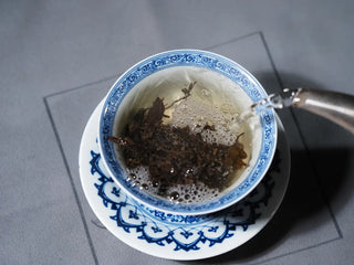Hot water being poured into gaiwan over Ancient Arbor Harmony Raw Pu-erh Tea leaves, starting the brewing process.