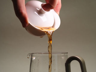 Side view of amber tea pouring from pure white egg-shell porcelain gaiwan into a clear glass pitcher
